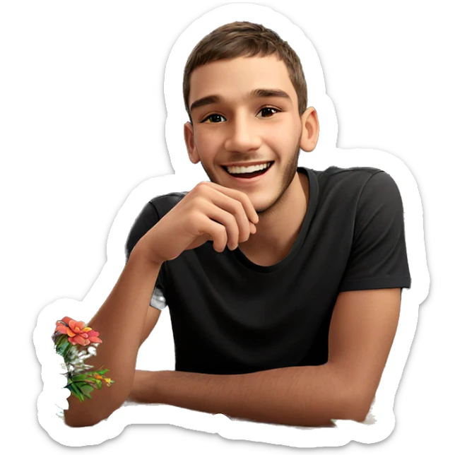 smiling boy with flowers indoors sticker