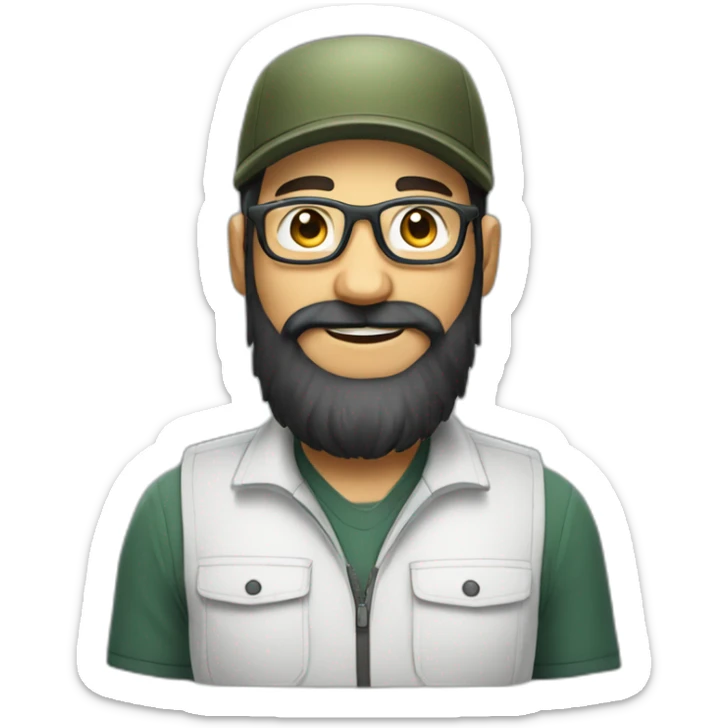 full body of an happy gardener face long dark beard and short dark hair with little transparent glasses and a army cap sticker
