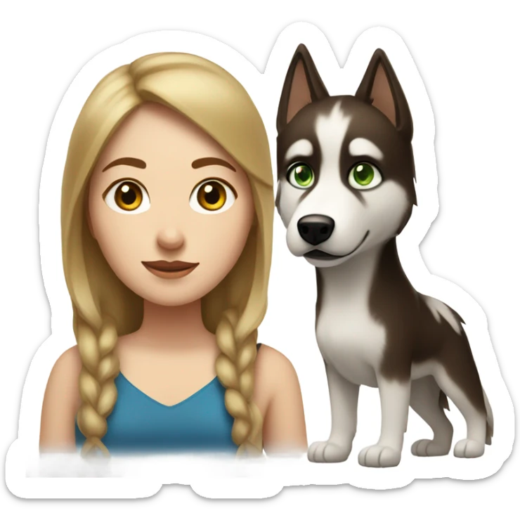 White Woman hair brown and bleus eyes and golden Husky With green eyes sticker