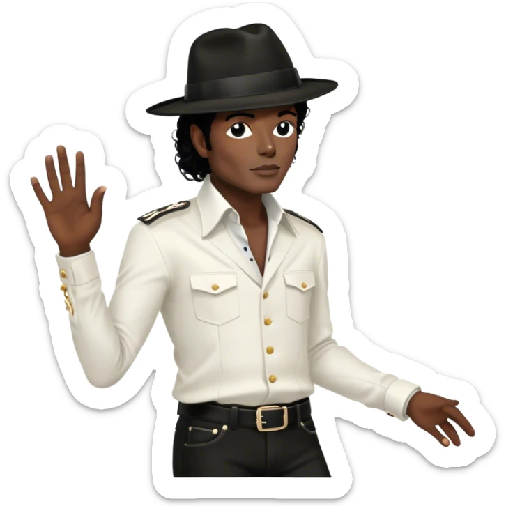 Icon for R&B Music: Michael Jackson in his iconic pose at the end of a song, head tilted, holding his black fedora with one hand. He stands in profile, embodying the smooth and soulful energy of R&B. Musical notes surround him. Transparent background. sticker