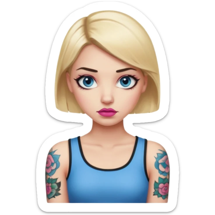 Woman, Blonde blunt hair, blue eyes with dark lashes, pink lips, tattoo on arm, disapproving look sticker