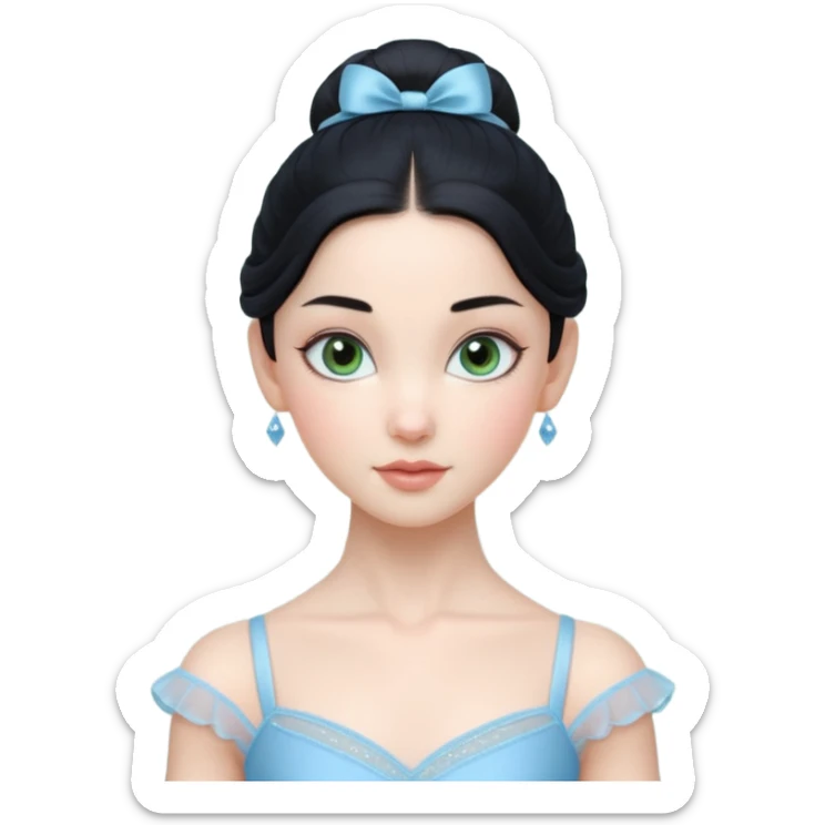Cinematic Realistic ballerina Medium Blue Portrait, depicted with lifelike skin texture, subtle rosy undertones, and soft natural lighting that enhances the gentle contours of her face. Her intricately detailed sweet black hair is elegantly styled, green eyes sticker