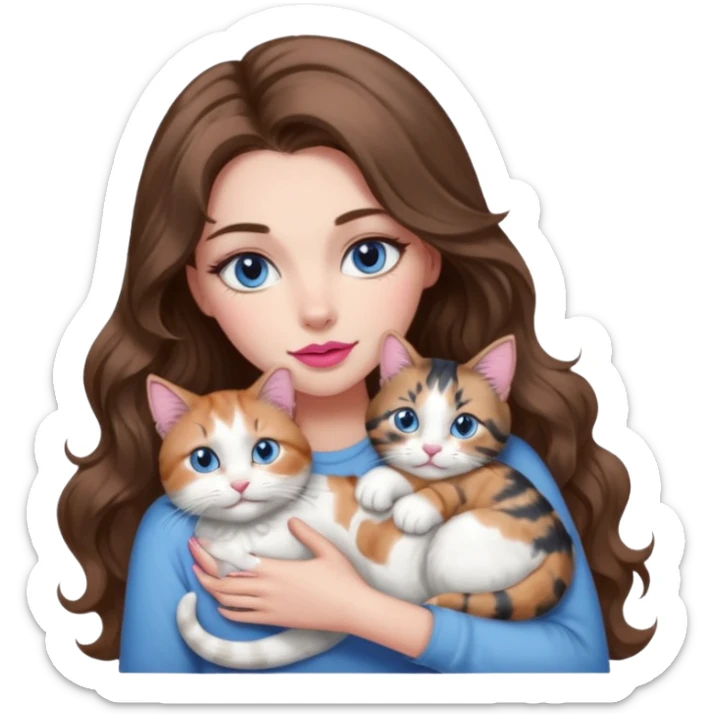 girl with long wavy brown hair, blue eyes, long lashes makeup, sexy pink lips, cuddling with 6 cats sticker