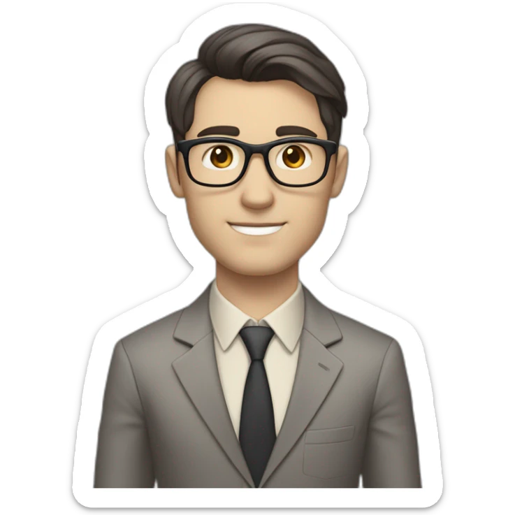 Full height Pale skinned Fit Man With dark brown hair in classic gray suit, beige office shirt, dark gray tie, and vintage glasses. His right hand is directed up sticker