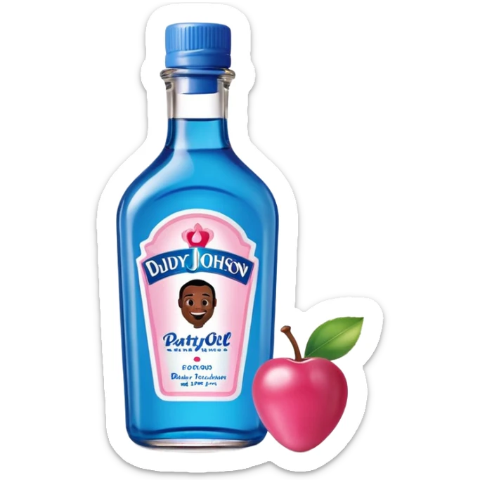 bottle of oil blue top pink outside with logo that says Diddy Party oil Johnson and Johnson  brand with a smiling berry on top sticker