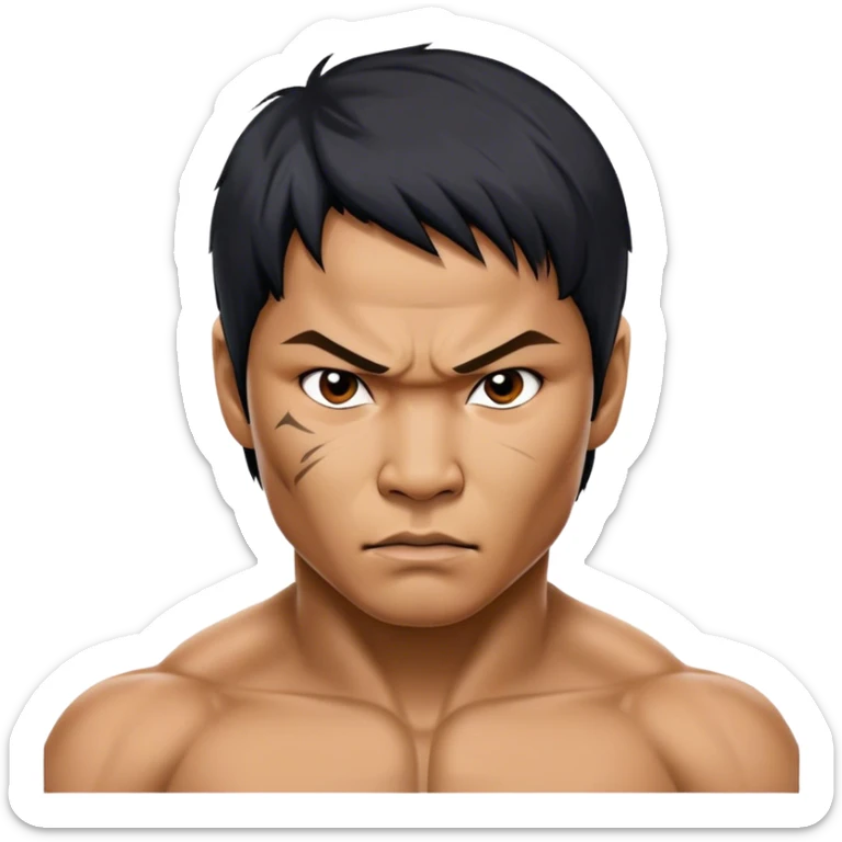 ​Cinematic Realistic Portrait of Tony Jaa, a close-up depiction capturing his intense, determined expression and finely detailed features, rendered with dramatic natural lighting that emphasizes his rugged athleticism and unmistakable martial arts presence, sticker