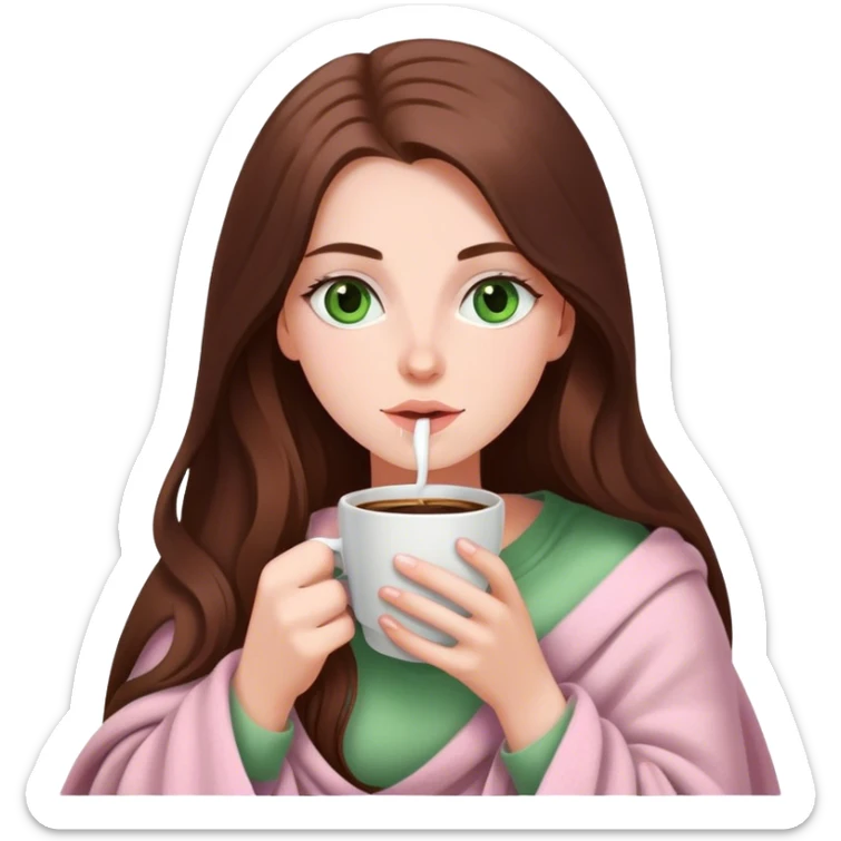 A pretty white girl with very long brown hair and green eyes in a light pink blanket sipping coffee sticker