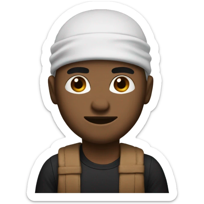 Criminal with black and white shirt with a headband on his eye and. Brown beanie sticker