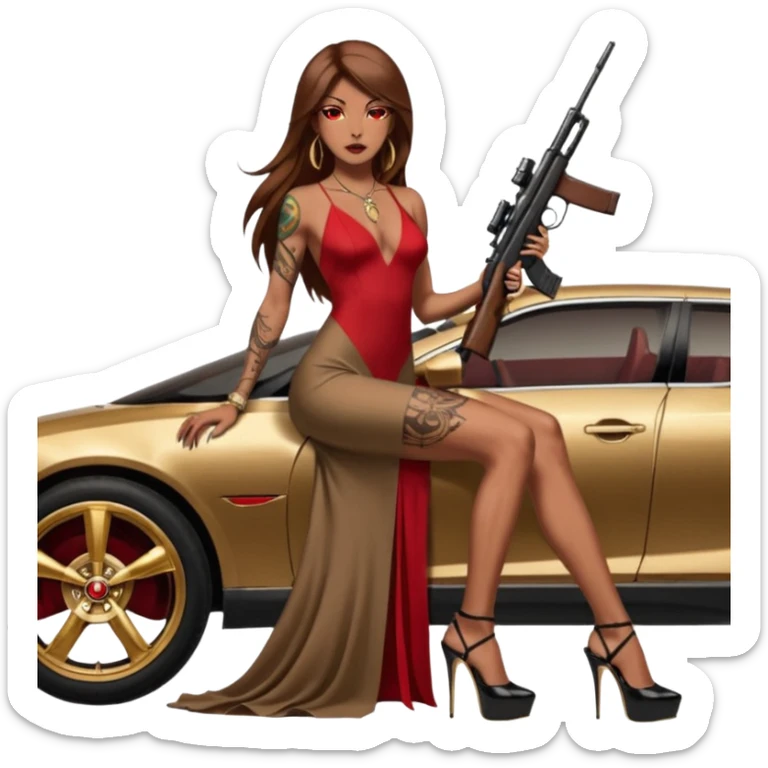 Lilith tan skinfemale red eyes symbol. Tattoo arms. Her hair is brown straight long hair.wearing sexy long elegant dress with slit. black stiletto thick platform high heels shoes on. Sitting on gold giant luxury car with cash inside . She is holding a sniper rifle in one hand cash in other hand sticker