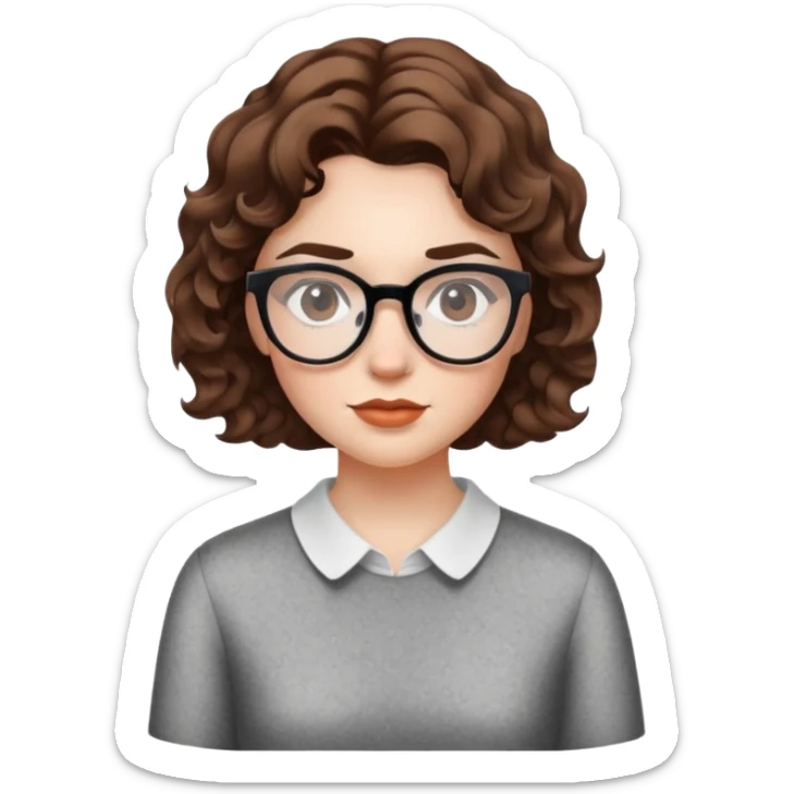 a girl with short hair with wavy hair , with freakless, glasses and big eyebrows  sticker