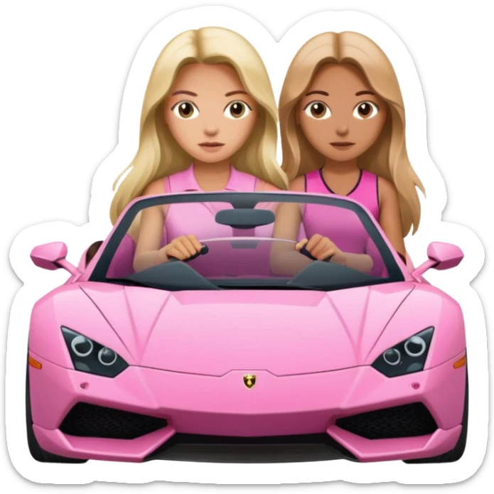 Make car far away so I can see full car Car facing forward in sports car. Make hair long  two girls in car far away Front of car sitting in the seats. Make it a pink sports car. They are two baddies make it a Lamborghini pink car  sticker