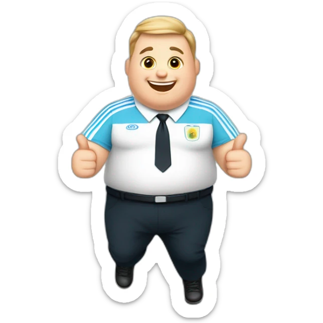 Short hair, obese white man play jumping hand up. argentina uniform. Thumbs up  sticker