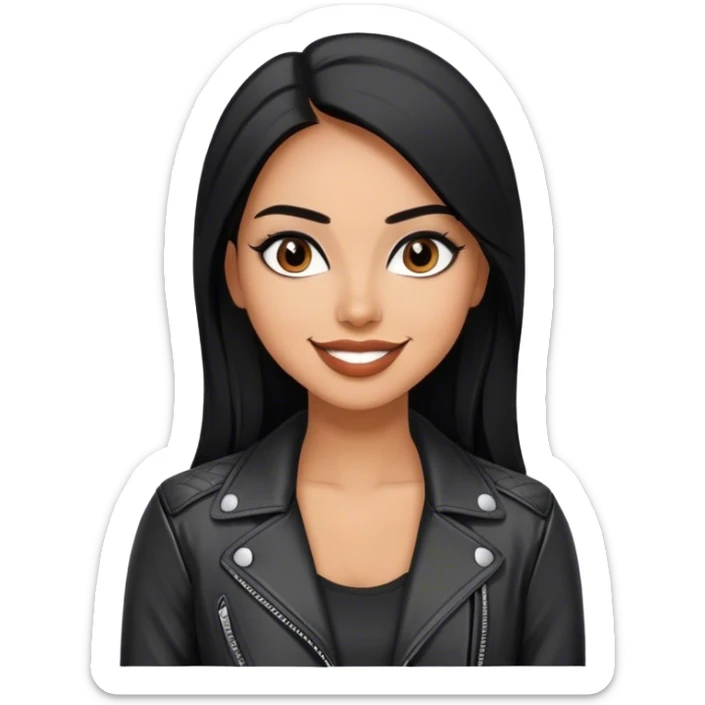 beautiful fit woman, with long straight black hair, with make up, black eye liner, smile mooth close, mexican, brown skin, wearing casual outfit and leather black jacket, flirting sticker