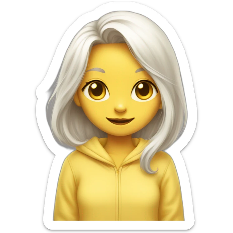 Cat-girl with long white hair yellow eyes in yellow pajamas hiding sticker