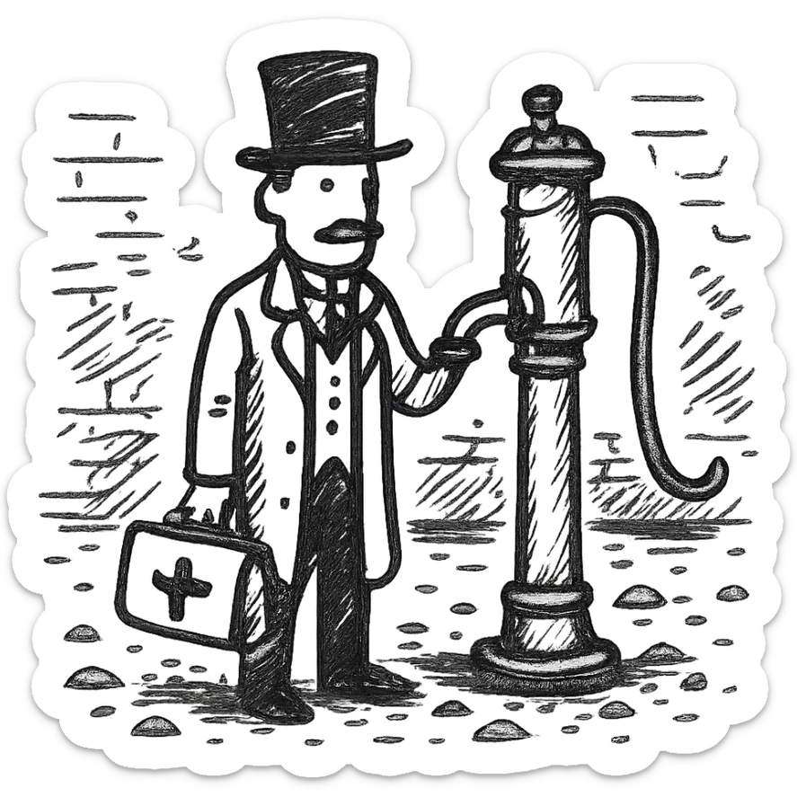 A victorian doctor with a street water pump in a dirty street sticker