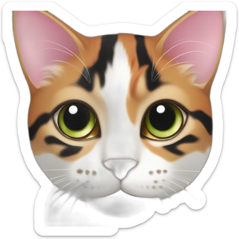 young striped calico cat face with a pink nose, white chin, green eyes, and orange/brown markings sticker