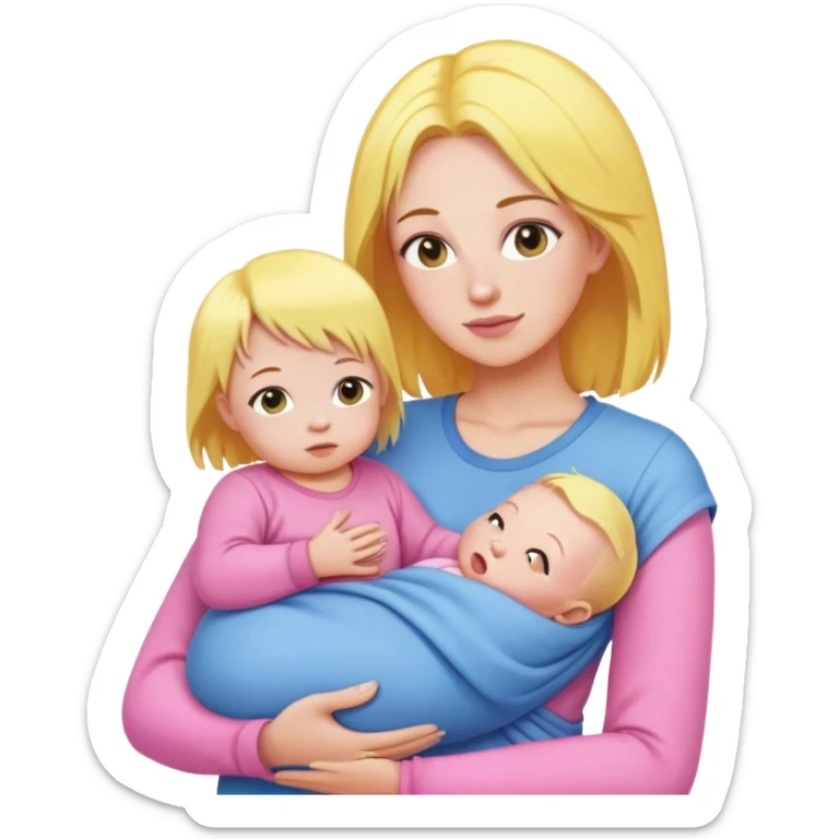 Mother with yellow hair and pink clothes, holding baby in blue clothes sticker