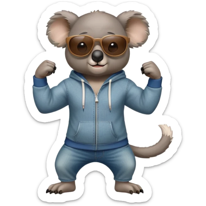 anthropomorphised koala, full body, wearing a hoodie and jeans, dark sunglasses, flexing muscles in a different pose sticker
