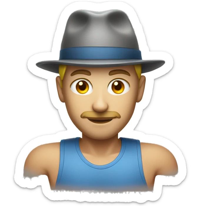 One caucasian headshot glowing with health and wearing a tanktop, hat and zinc on the nose  sticker