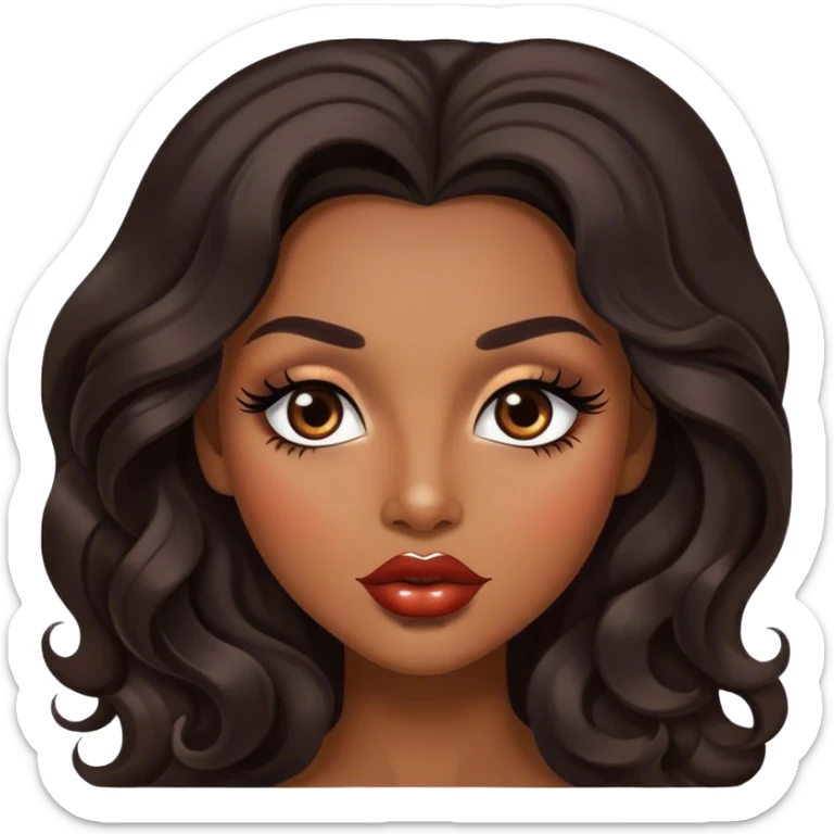 Glamourous, brown skin tone, very beautiful woman, with big plump lips, long long lashes, black wavy long hair, brown eyes sticker