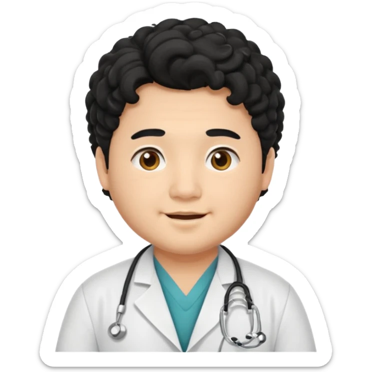 a young asian chubby male doctor with black long curly hair and cheerful face without gpasses sticker
