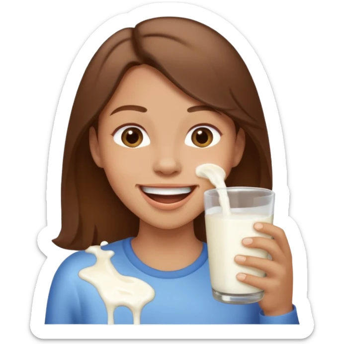 Happy brown hair emoji with milk spilling from mouth sticker