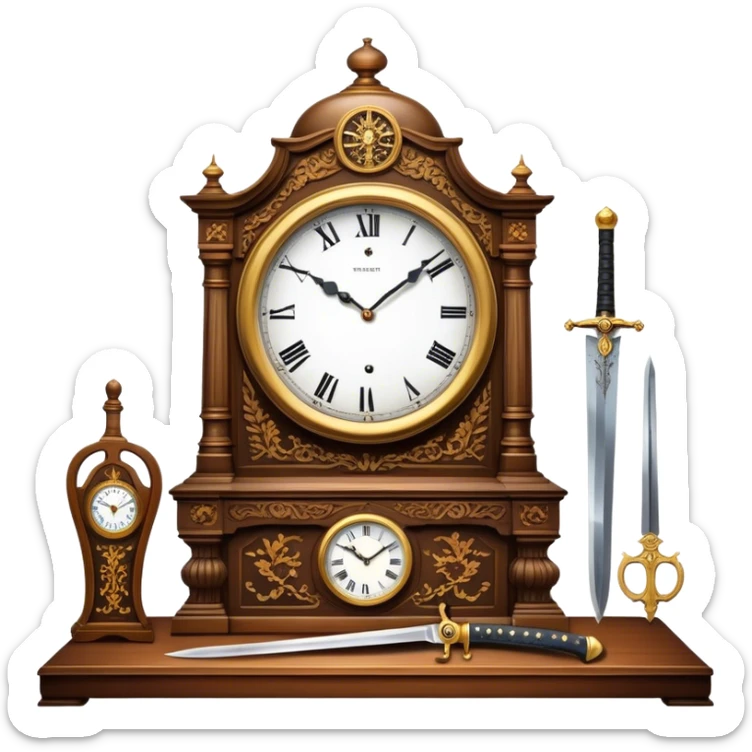 Icon for Antiques Collecting: a vintage clock, intricately carved furniture, famous paintings, antique swords, and rifles. The items are displayed on a wooden table or shelf. The icon should evoke the rich history and craftsmanship of antique collecting. Transparent background. sticker