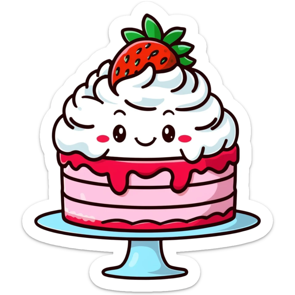 cute strawberry cake with whipped cream, smiling face, kawaii, soft light, hand-drawn look sticker