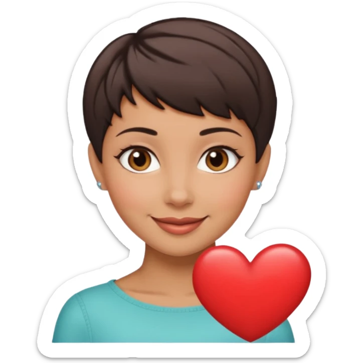 woman pixie cut dark brown hair, tan skin, brown oval eyes, heart shaped face sticker