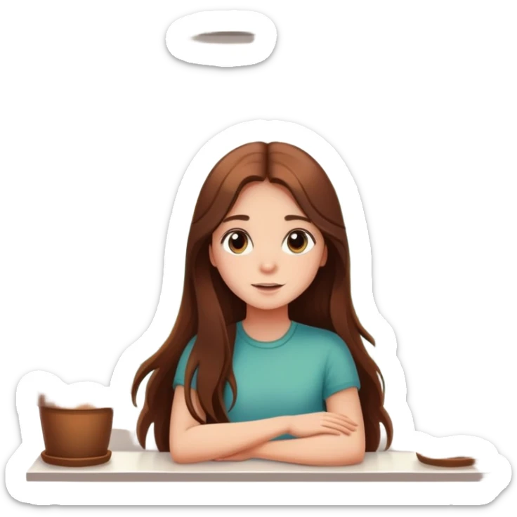 Girl with long brown hair looking out a window with sunbeams and houseplants around her in the background cartoon style  fill the background with the details  sticker