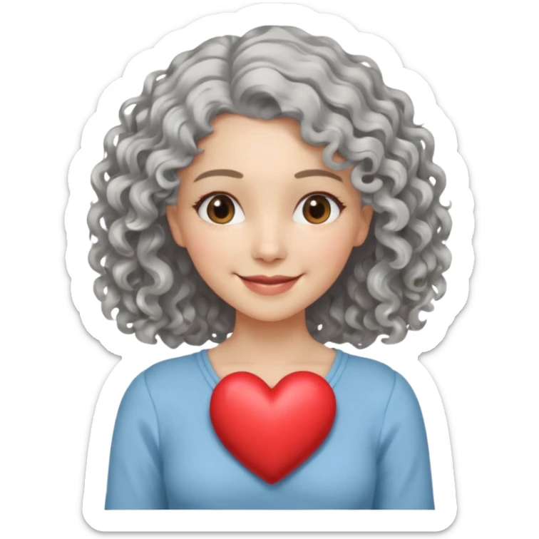 silvery curly/wavy shoulder-length hair smiling lady holding a heart thinner hair, different top sticker