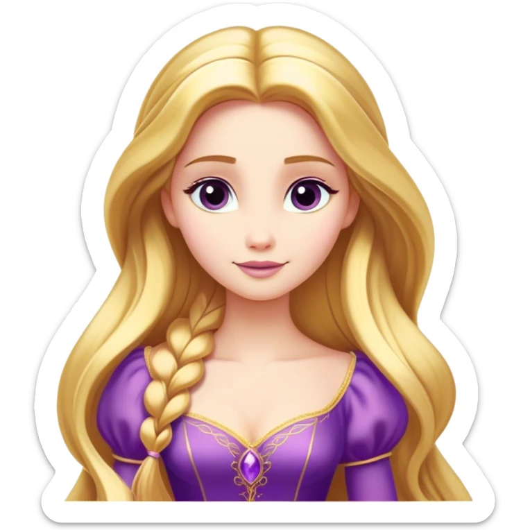 Cinematic Majestic Rapunzel Portrait Emoji, rendered in a clean, vector-style with bold, simplified shapes. Show Rapunzel with a serene, graceful expression, luminous fair skin, and elegantly styled long golden hair, accented by her classic purple gown. The design radiates a majestic, dreamlike glow with high shine and a soft glowing outline, embodying regal beauty. sticker