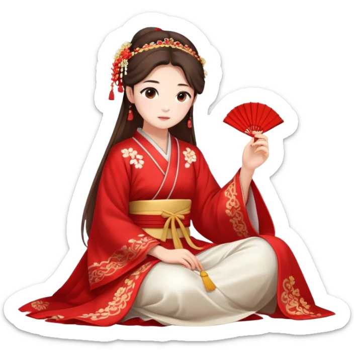 Beautiful girl wearing red Hanfu wedding dress sitting sticker