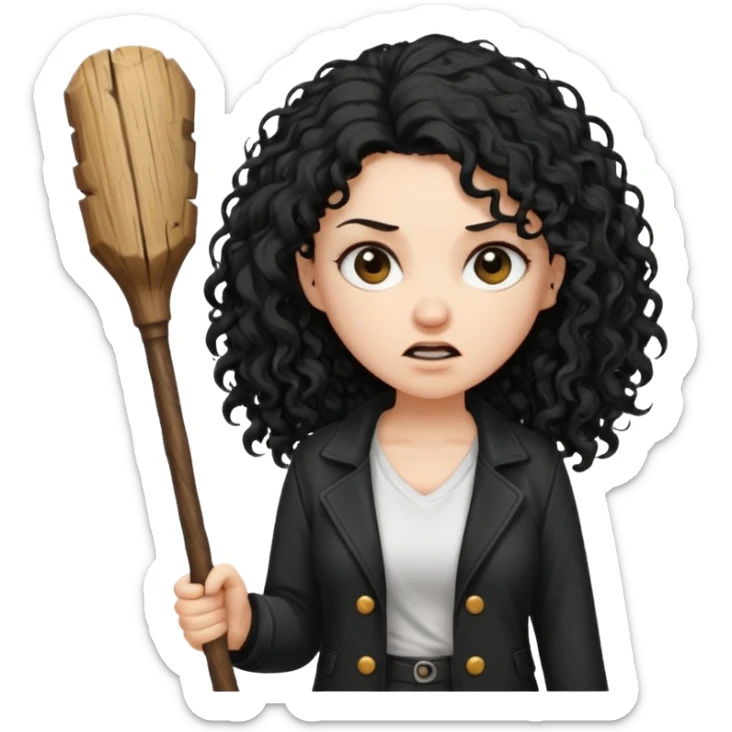 Hey, please generate me an emoji that depicts a woman white skin long black curly disheveled hair slightly thicker, she is wearing a white T-shirt and a black unbuttoned jacket she is furious she is holding a large stick sticker