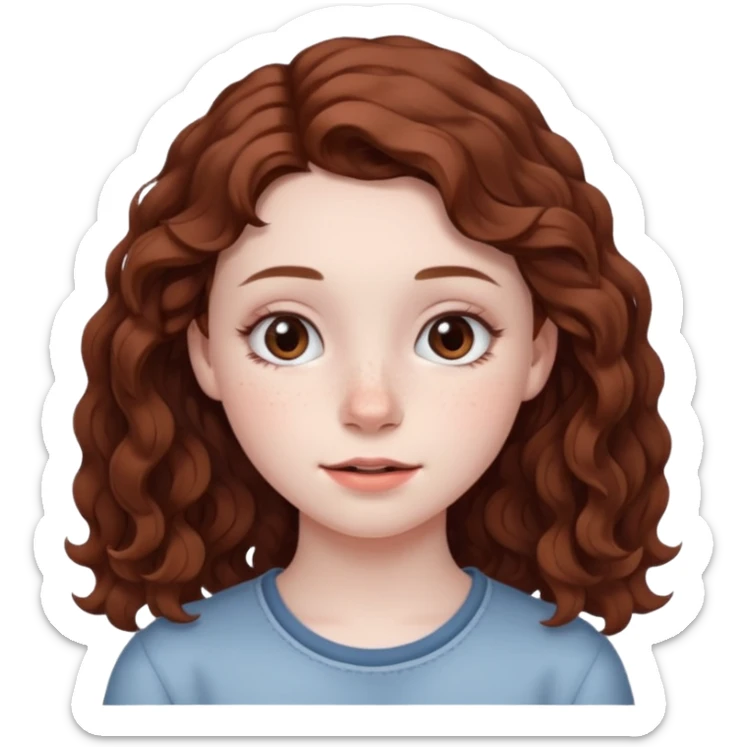 15 year old girl with pale skin, dark freckles, rosy cheeks, and wavy brown hair. sticker