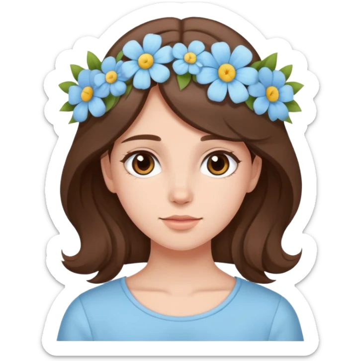 brunette girl with brown hair wearing pastel blue clothes with flowers in her hair sticker