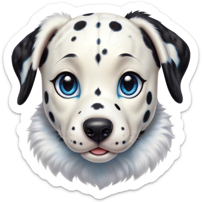 Cinematic Cute Harlequin Dalmatian Portrait Emoji, Head tilted playfully and inquisitively, featuring a glossy Fur of predominantly white with dynamic black patches, round, sparkling blue eyes filled with gentle curiosity, Simplified yet irresistibly adorable features, highly detailed, glowing with a warm, friendly glow, high shine, affectionate and gentle, stylized with a touch of whimsy, bright and endearing, soft glowing outline, capturing the essence of a mischievous yet loving pup, so playful it feels like it could lumber out of the screen and into your arms! sticker