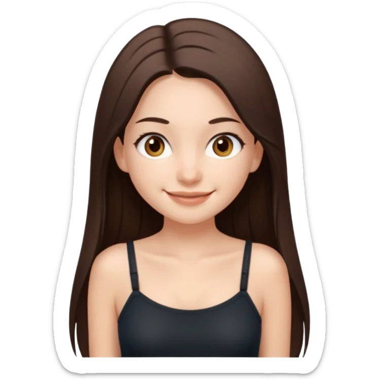 Waist-up girl standing straight on white background. Wearing a dark brown Skims spaghetti strap top. Very long straight brown hair with a center part. Brown eyes with long lashes. Smiling with braces. sticker