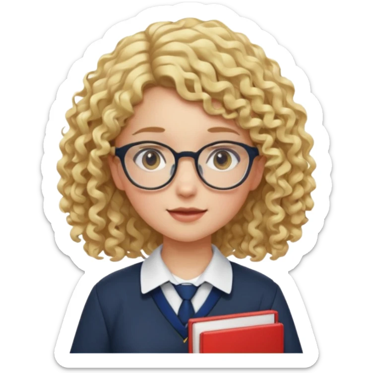 girl student , curly blone hair, half body to belt, glasses sticker
