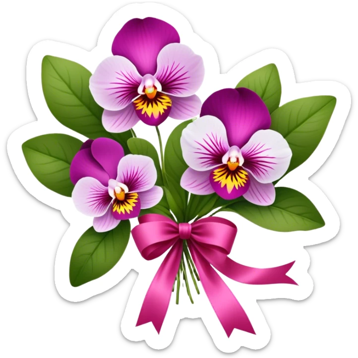 A bouquet of Orchid Pink pansies tied with a flowing Wild Strawberry ribbon. The vivid contrast of soft petals and bold silk creates a charming, romantic scene." sticker