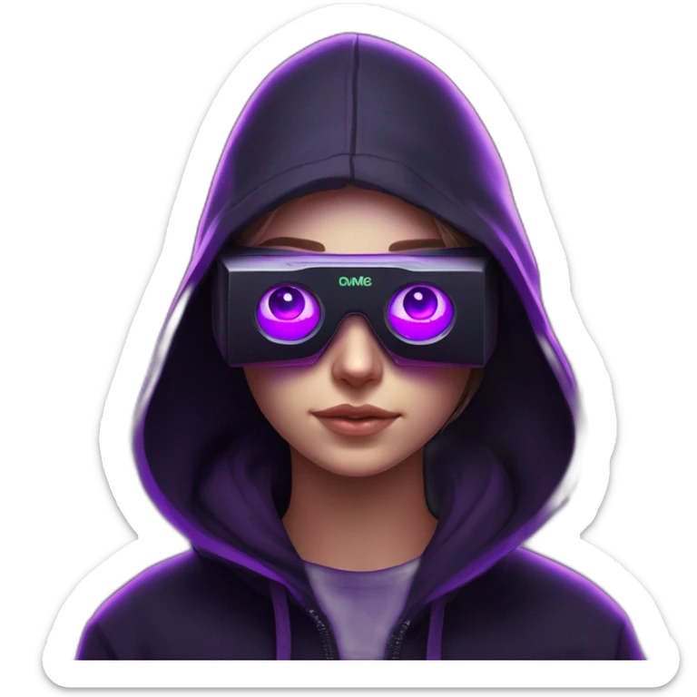Russian student in the black hoody with violet letters "OMG" on it, wearing vr headset. Cyberpunk style. Violet neon. sticker