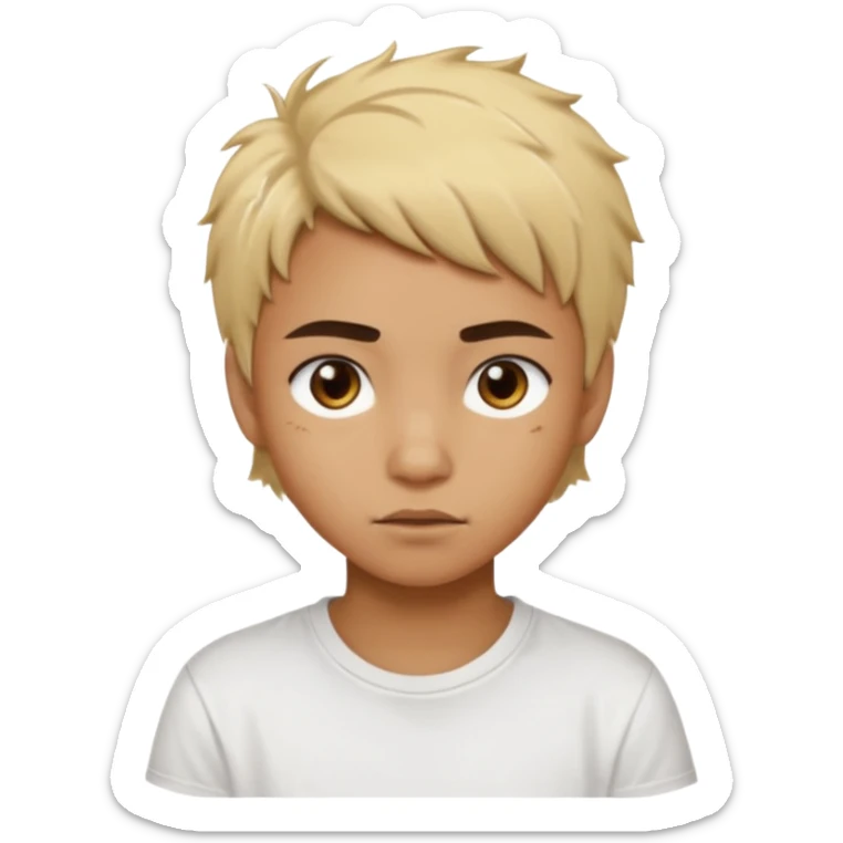 caramel skin color. Teen age. Short buzz, messy blonde hair, dark brown bushy eyebrows large expressive golden-brown eyes, brown skin color, scar over nose, wearing a plain white t-shirt. sticker