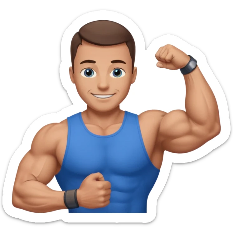 dad with very short shaved brown hair and blue eyes emoji with big muscles sticker