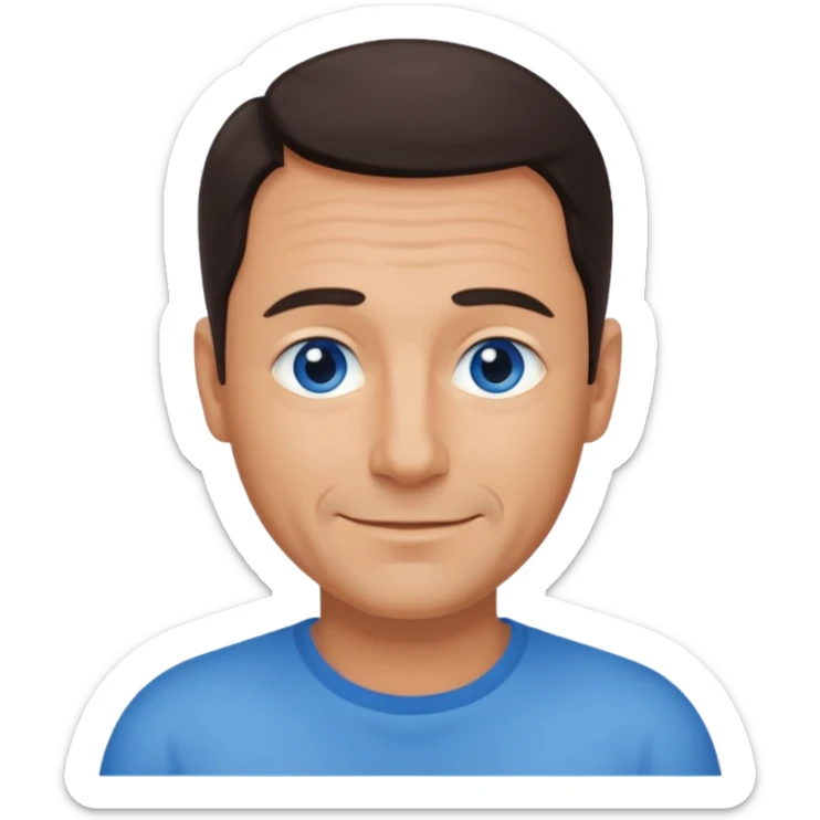 Middle aged man with tanned skin, receding dark hair and no beard, blue eyes, shy smile sticker