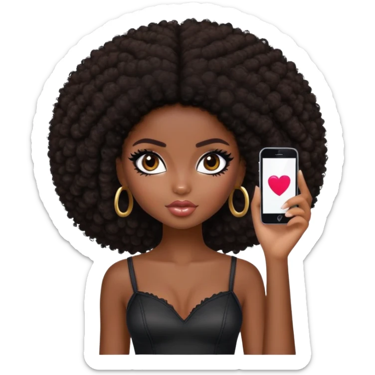 pretty bratz girl, dark skin, dark brown afro, dark brown eyes, black eyeliner, deep black skin sticker