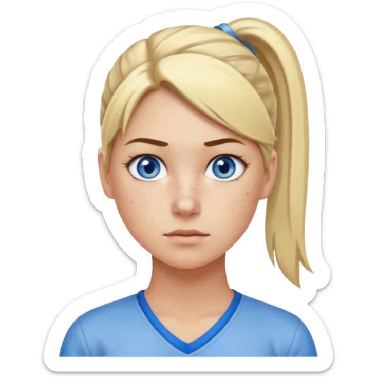 Just a head, blonde hair with lowlights in a ponytail, blue eyes, some freckles, a little older female ready to get some tasks done at work, no bod sticker
