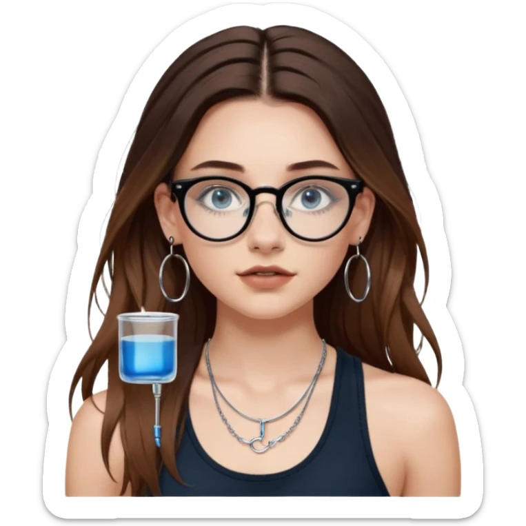 White girl with long brown hair, part going more to the RIGHT side, BLUE eyes, wearing BLACK plastic frame glasses that go from black to CLEAR ombré from top to bottom. SEPTUM nose piercing hoop, AND stud nose piercing on right side of nose. Wearing BLACK tank top. Wearing big hoop earrings  sticker