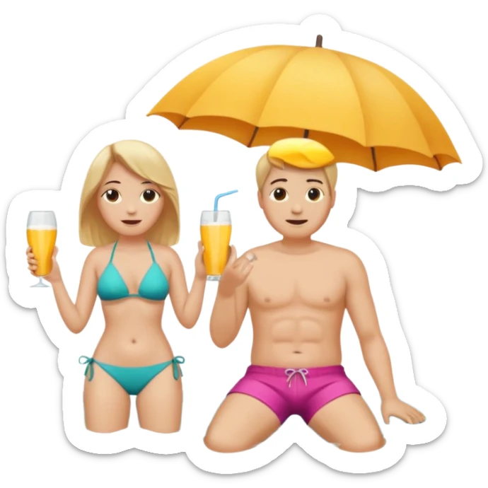 Ein Emoji, 2 personen am Strand: die Frau sehr schlank mit mittellangem, blondem Haar im Bikini, der Mann mit dickem Bauchz in Badeshorts. Beide sind im Ruhestand und liegen entspannt in Liegestühlen, um sich vom Stress des Rentnerlebens zu erholen mit sonnenschirm sticker