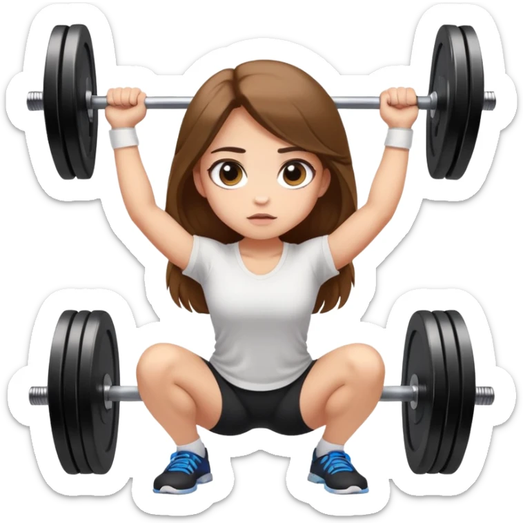 A girl with light skin, big eyes, long brown hair and wearing a white shirt is doing an overhead squat with a lot of weight on the barbell sticker