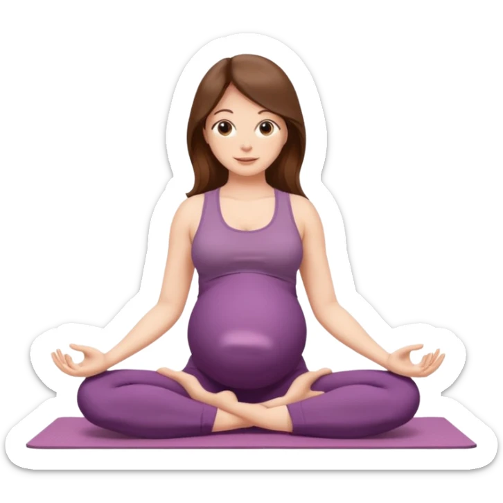 Pregnant woman sitting in a yoga pose with long brown hair and fair skin,." sticker